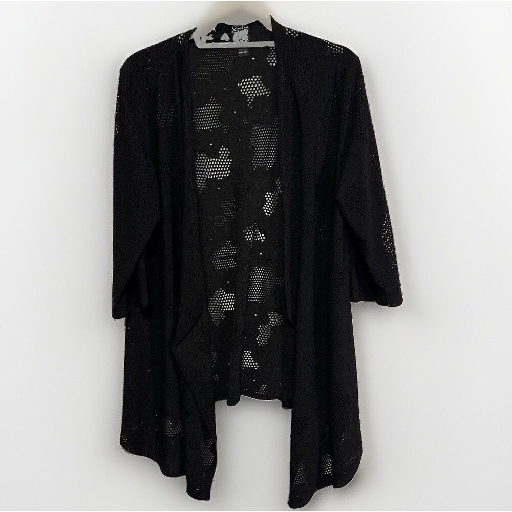 Clara Sun‎ Woo Black 1X Open Front Waterfall Cardigan Intricate Cutout Lacy Knit